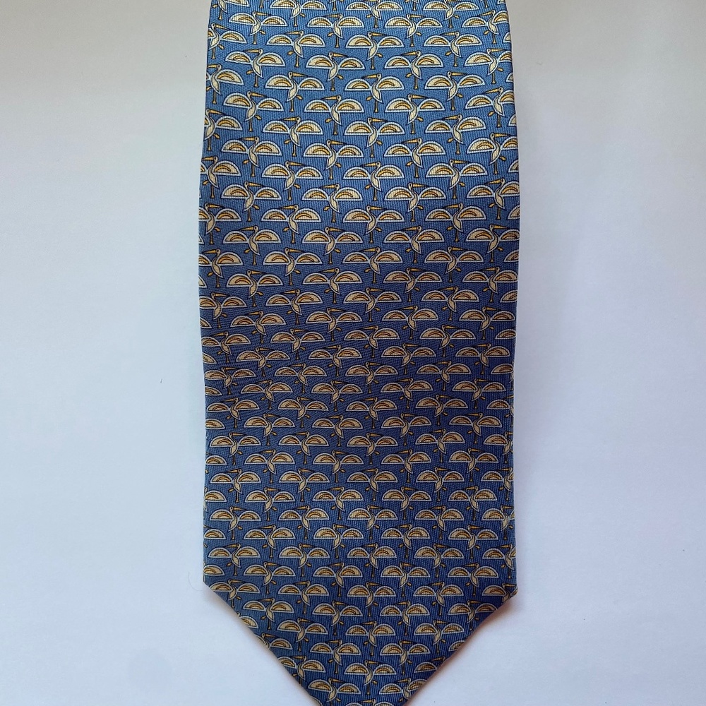 Salvadore Ferragamo Stork Print Blue Silk Tie